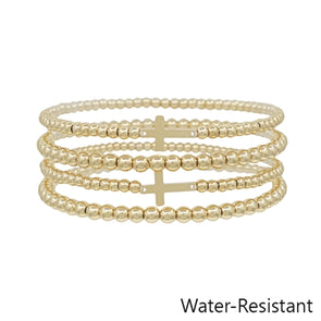 Water Resistant Set of 4 Cross and Gold Beaded Stretch Bracelets