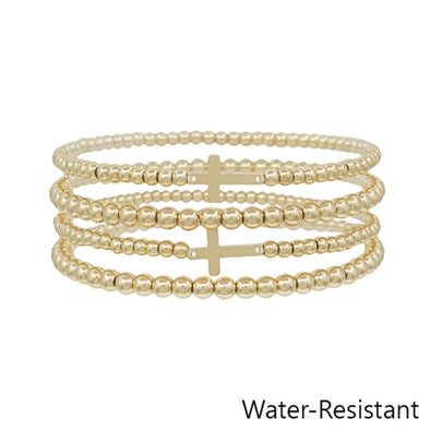 Water Resistant Set of 4 Cross and Gold Beaded Stretch Bracelets