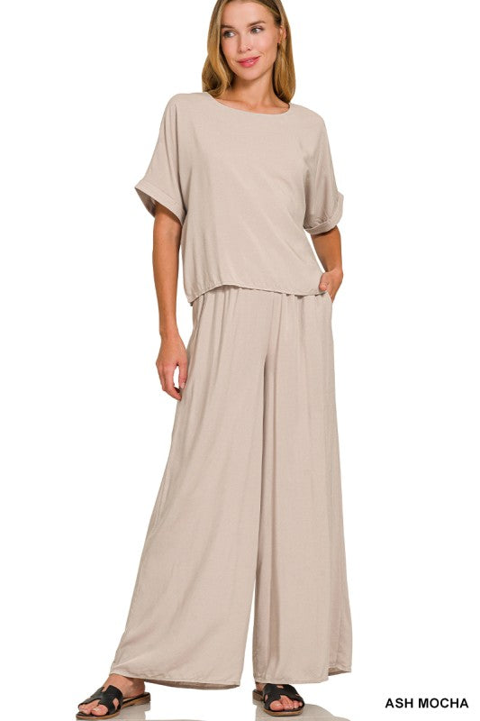 Woven short sleeve & long pant set