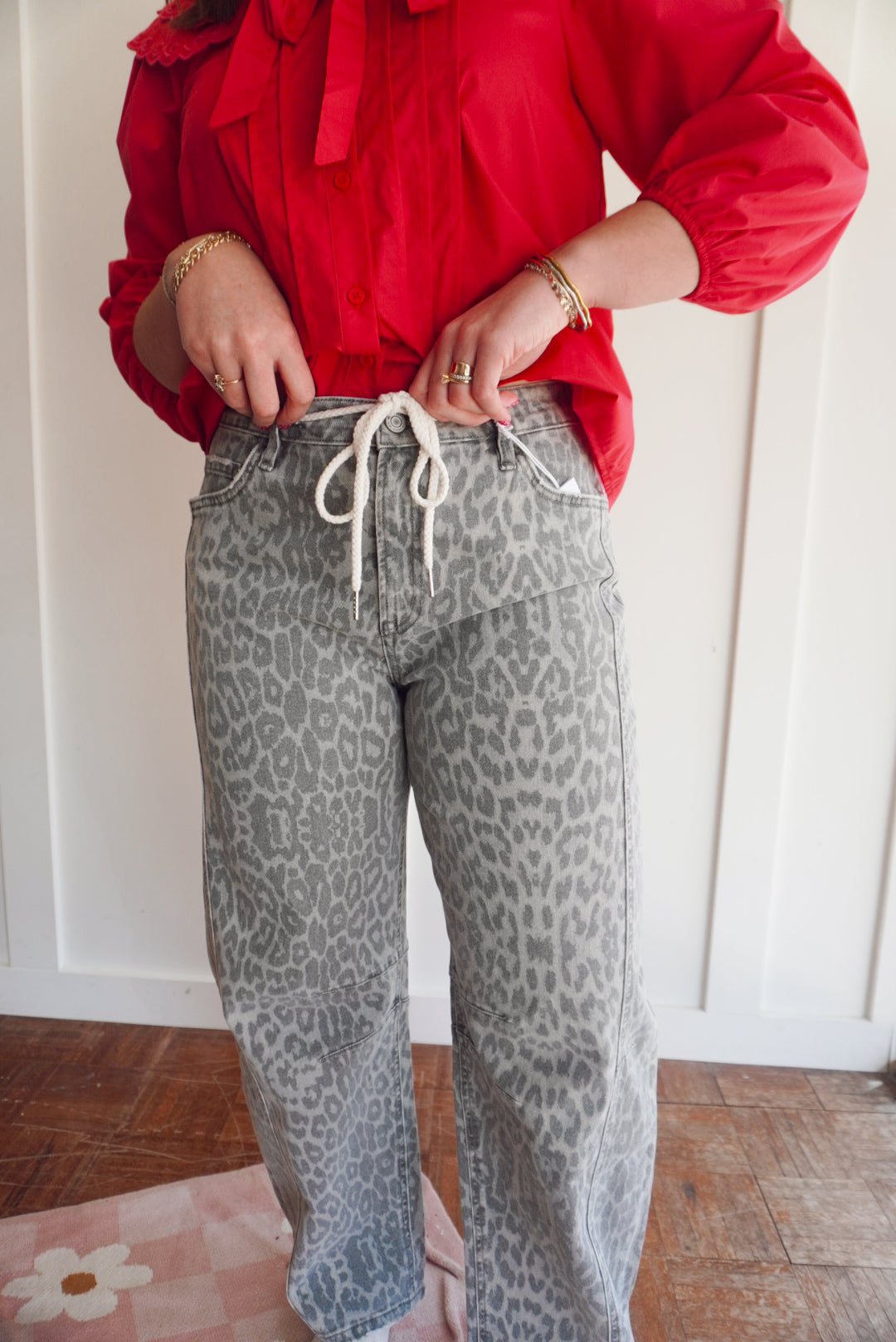 High rise drawstring grey leopard barrel jeans