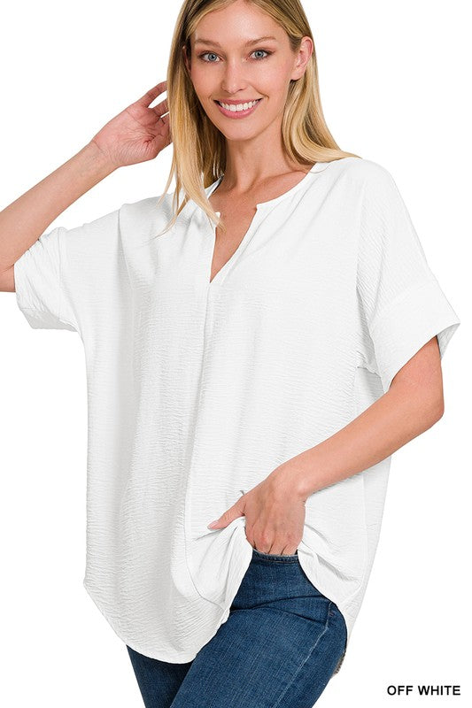 Woven airflow split neck short sleeve top