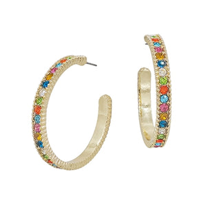 Gold Metal Hoop with Multi Crystal Accents 2" Earring