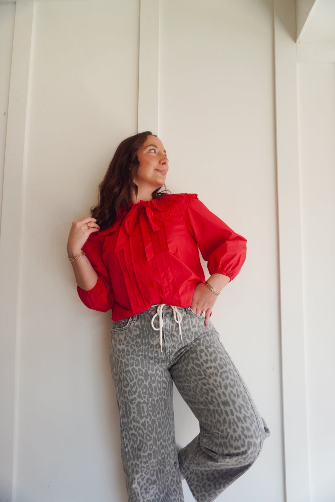 High rise drawstring grey leopard barrel jeans