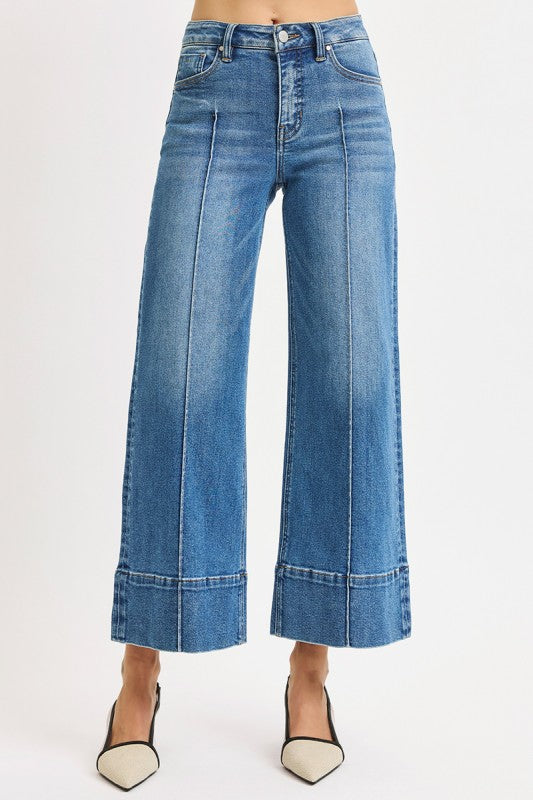 Tummy control mid rise crop wide pintuck front