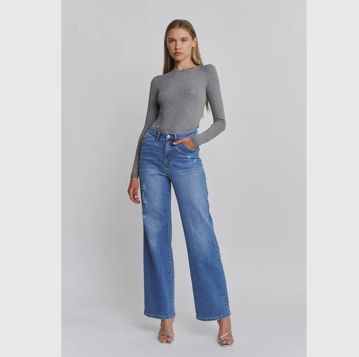 High rise wide leg tummy tuck worn jeans zaffre blue