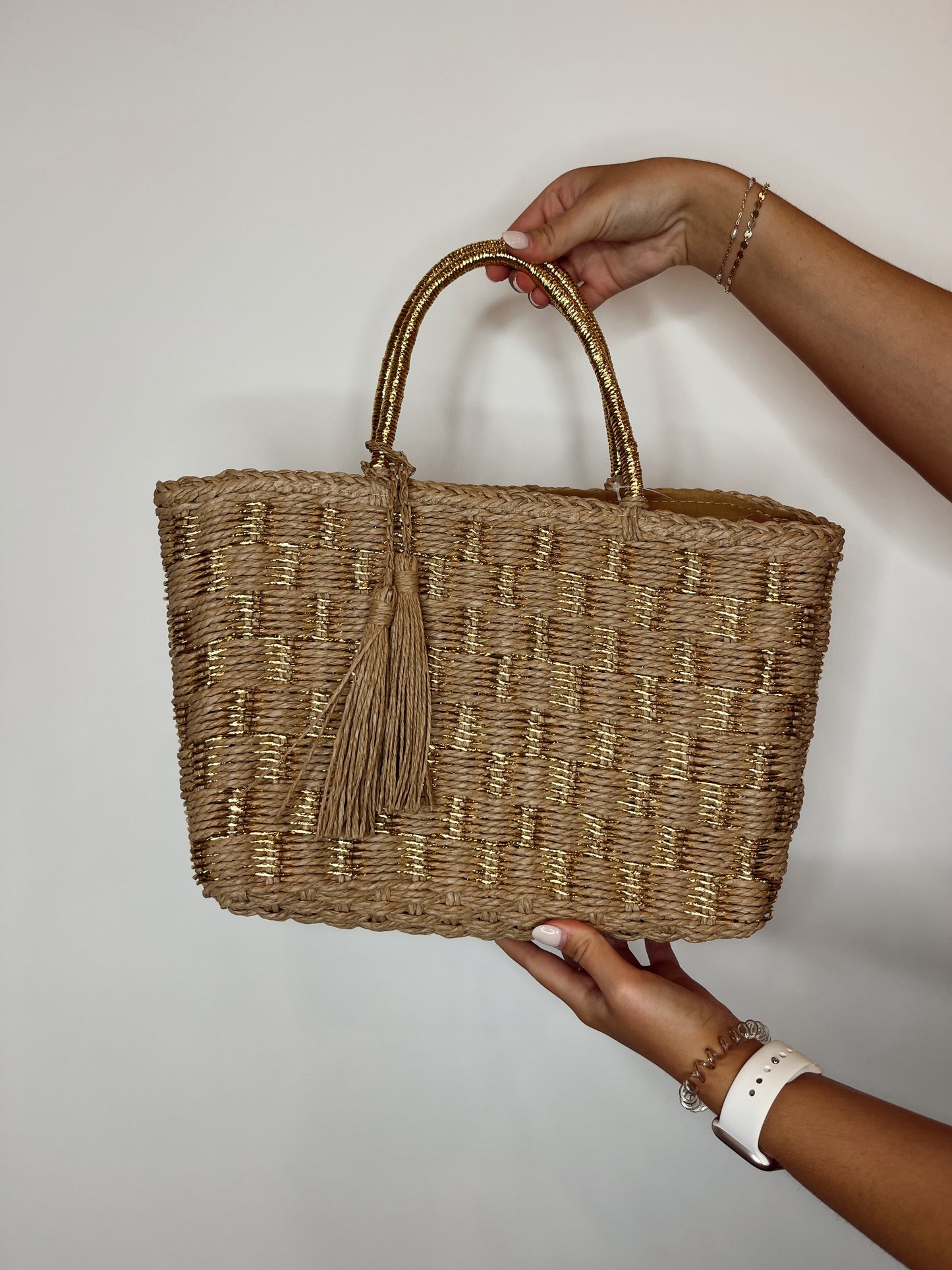 Metallic Checkered Straw Braided Hand Bag