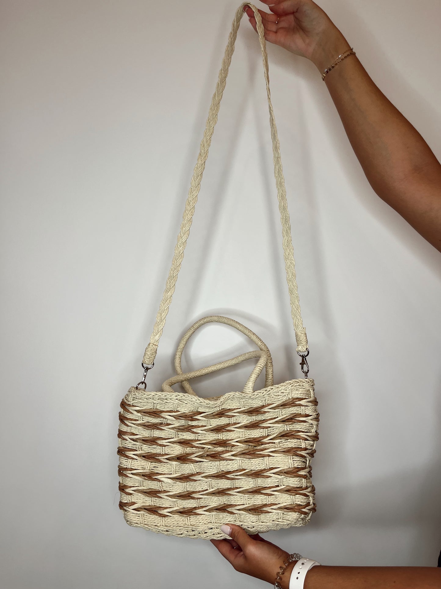 Two Tone Braided Zippered Hand Bag