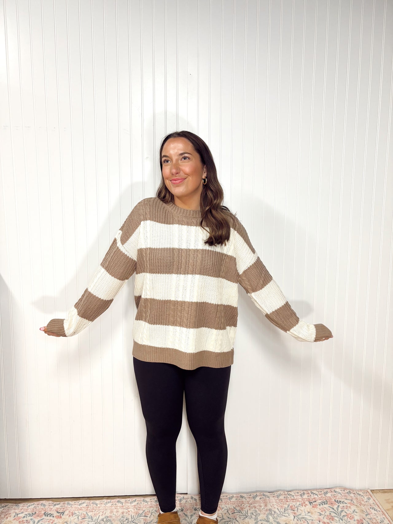 Striped Cable Knit Crew Neck Sweater