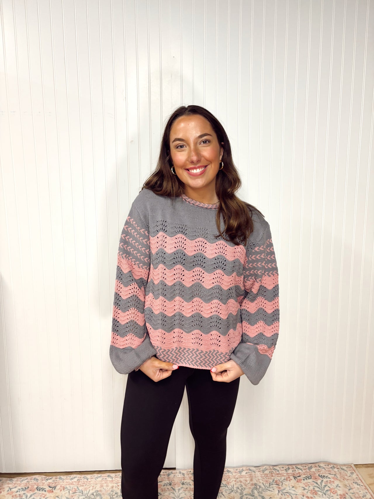 WAVY STRIPE PUFF SLEEVE SWEATER