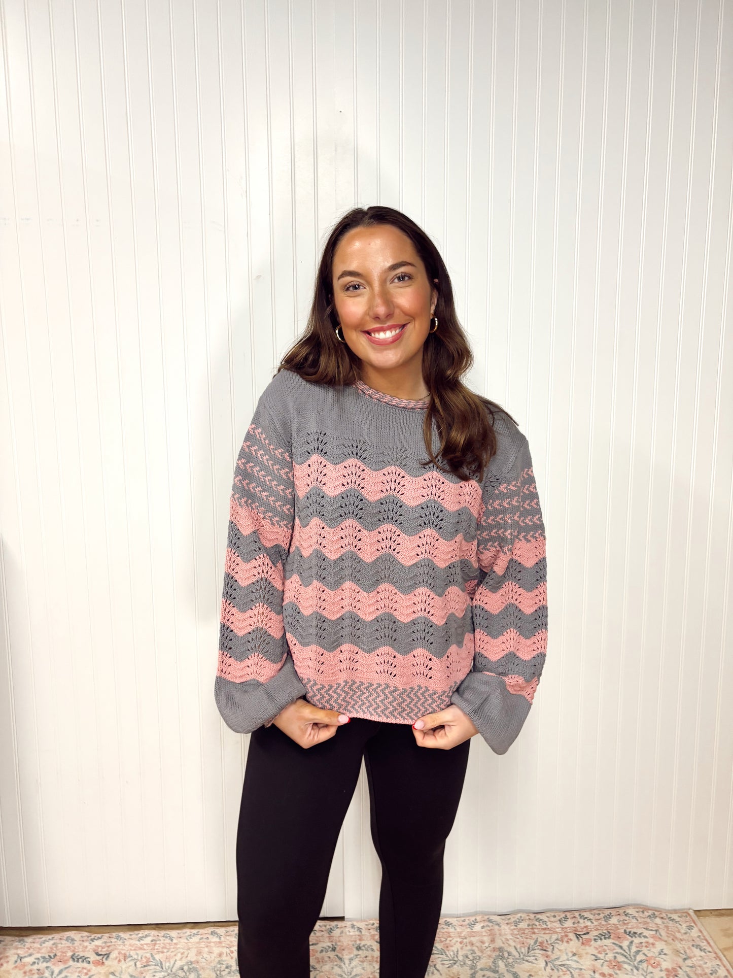 WAVY STRIPE PUFF SLEEVE SWEATER