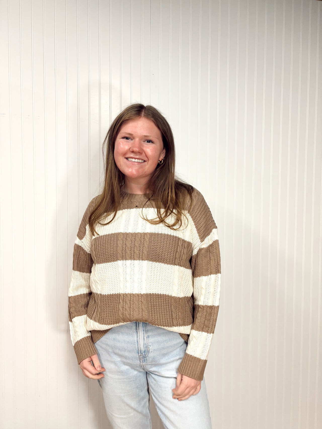 Striped Cable Knit Crew Neck Sweater