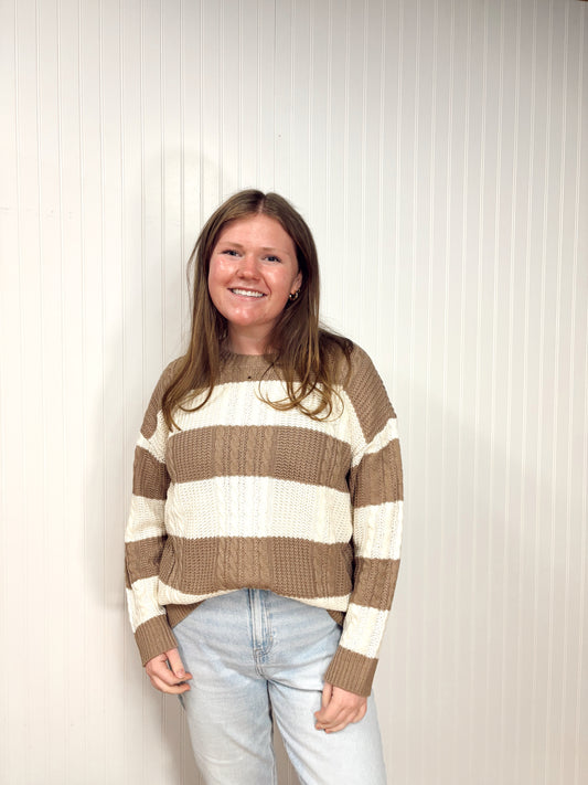 Striped Cable Knit Crew Neck Sweater
