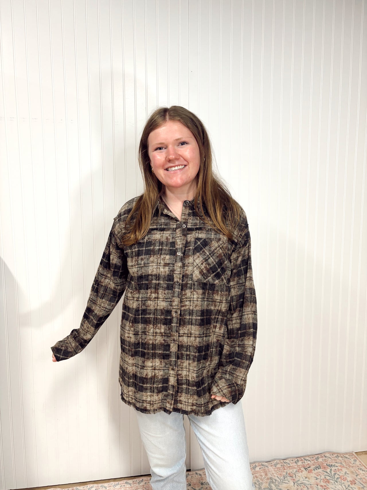 Plaid Flannel Shirt w/ Frayed Detail