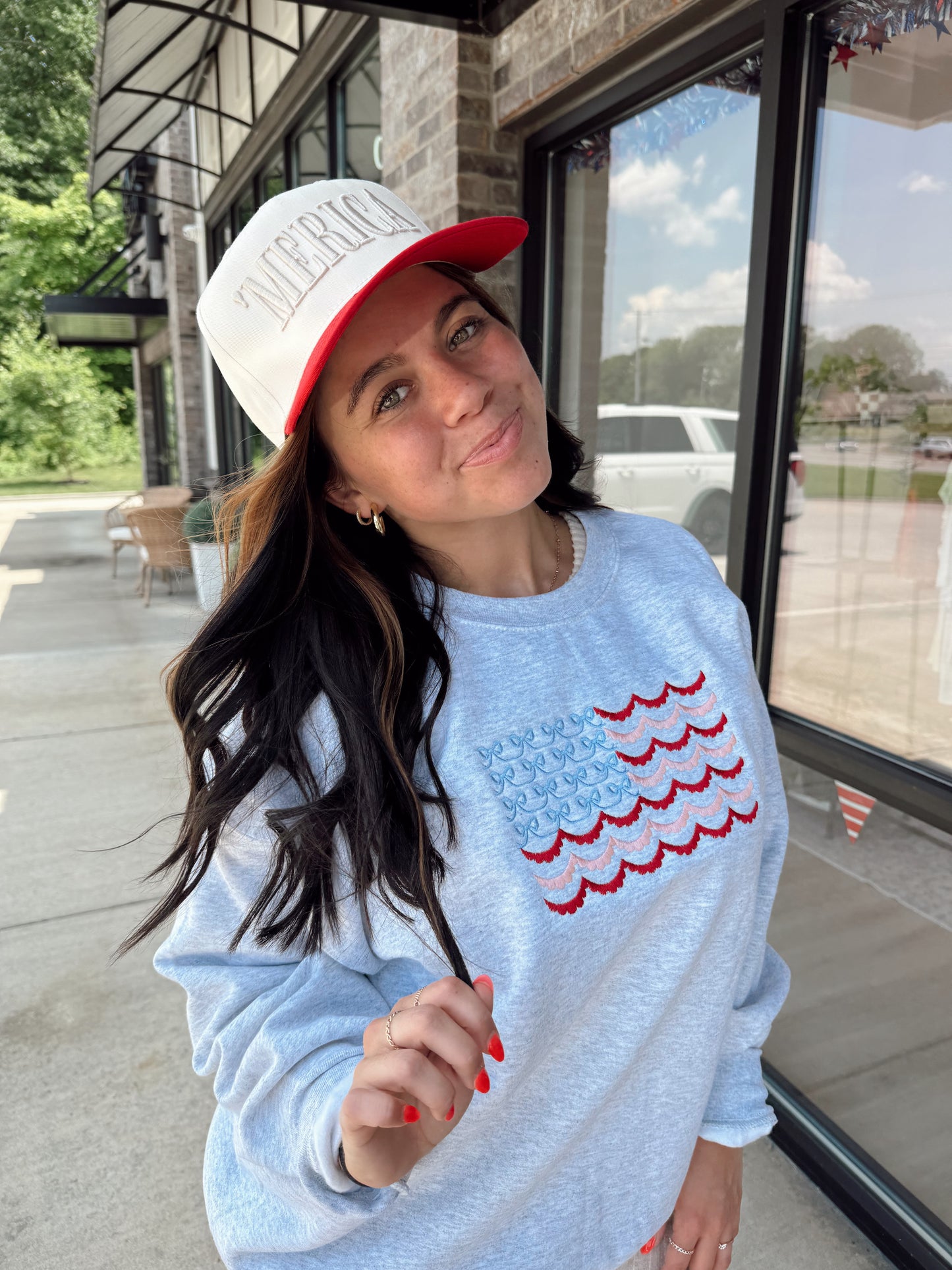 Embroidered bow American flag sweatshirt