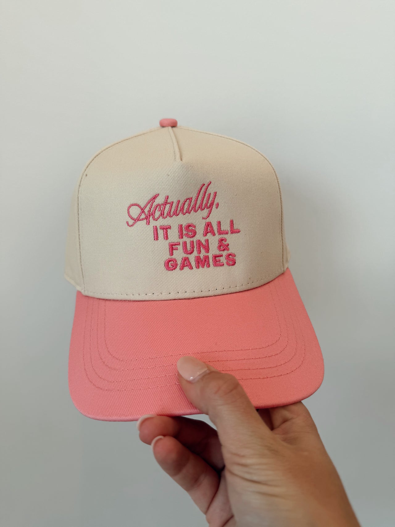 Actually, It Is All Fun & Games- Pink Embroidered Hat