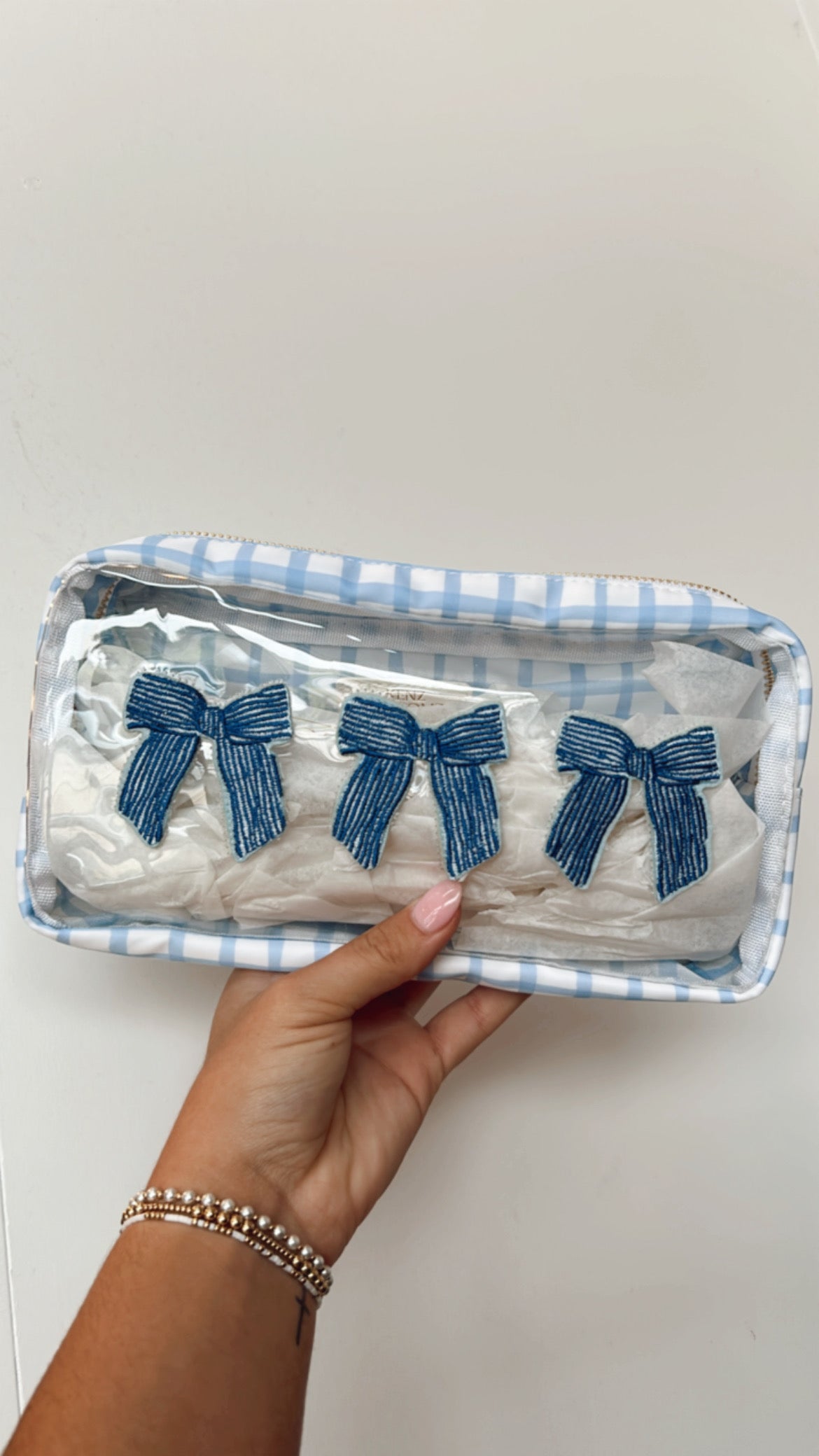 3 bows blue trellis bag