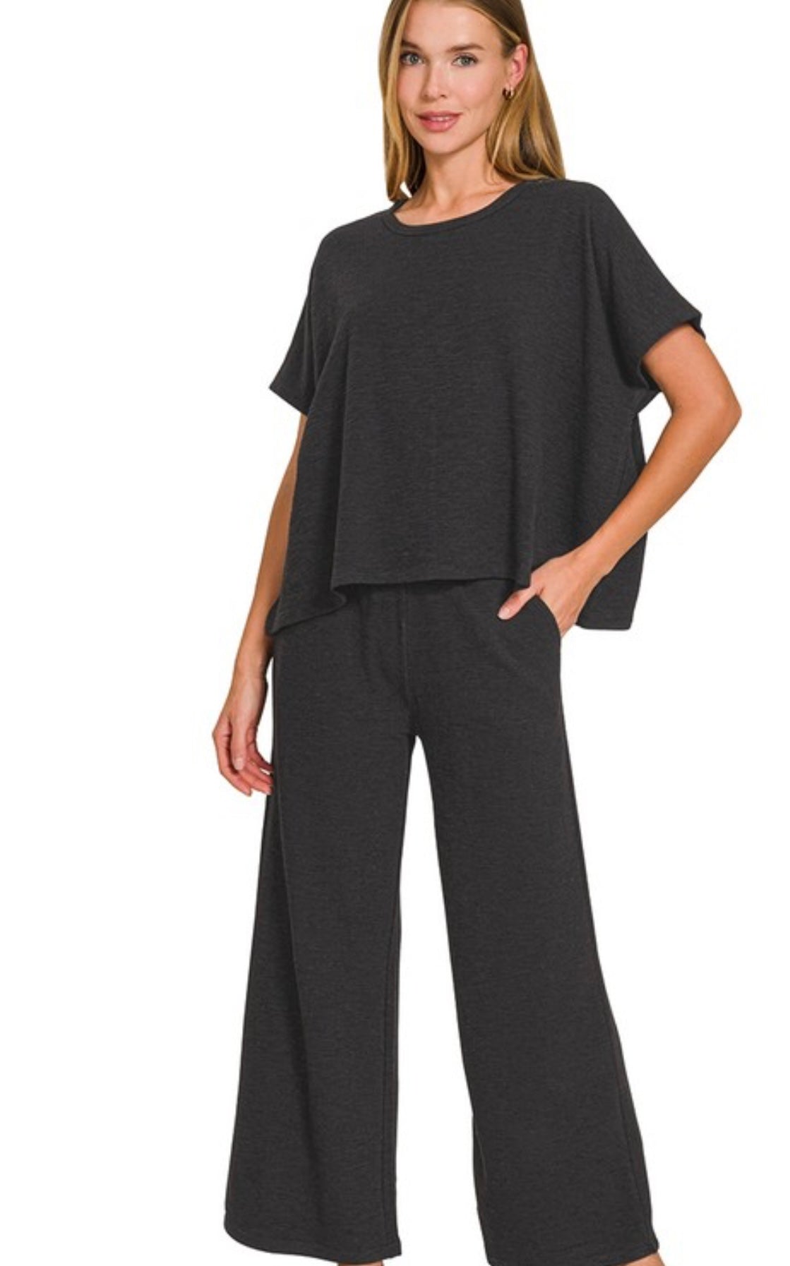 Cotton slub top and pants set black