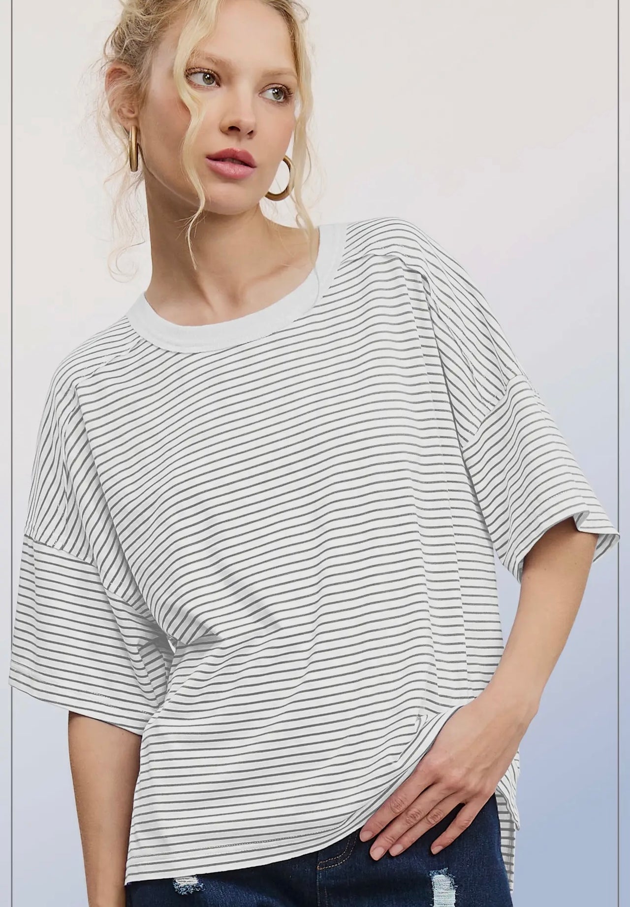 Basic striped drop shoulder short sleeve