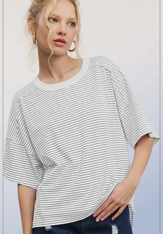Basic striped drop shoulder short sleeve