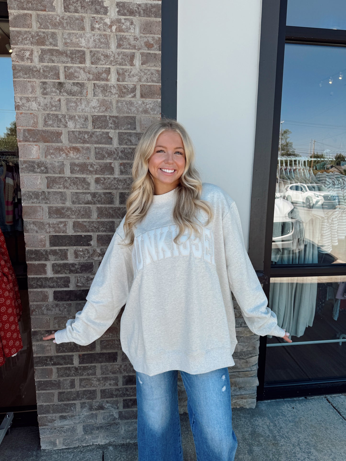 Lottie Grey Varsity Sunkissed Embroidered Mockneck Sweatshirt