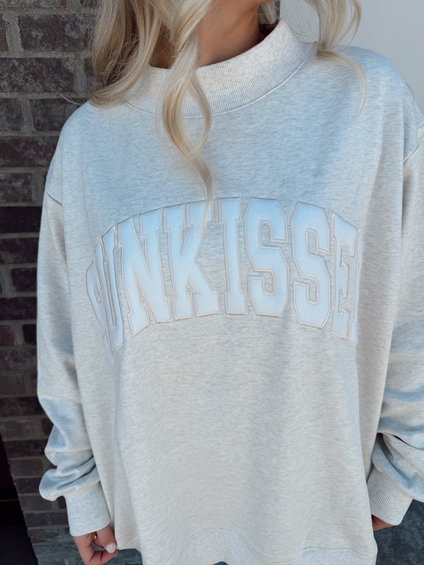 Lottie Grey Varsity Sunkissed Embroidered Mockneck Sweatshirt