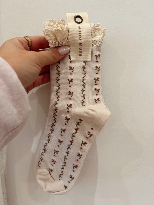 Floral print crochet trim socks CREAM