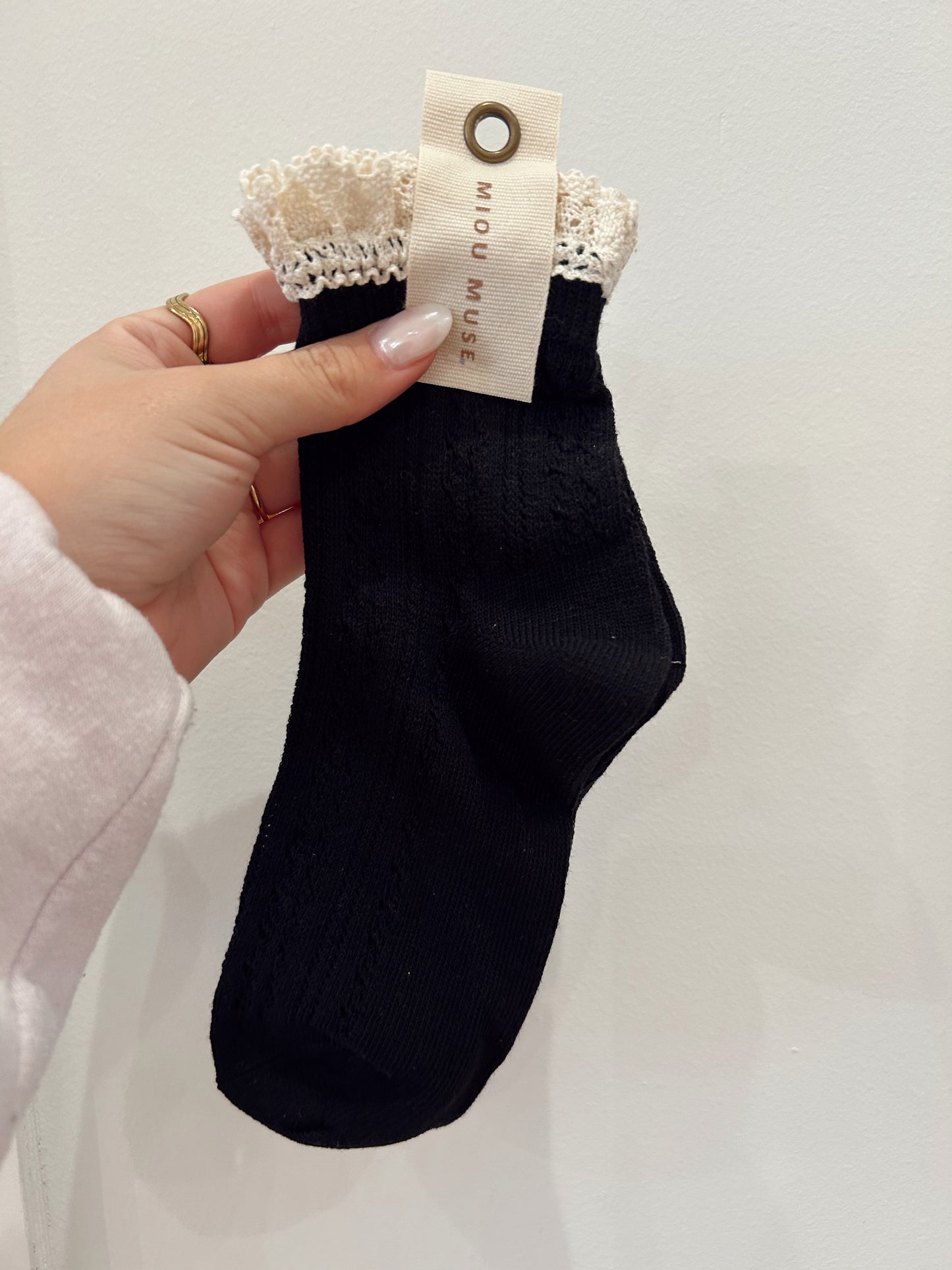 Crochet trim socks BLACK