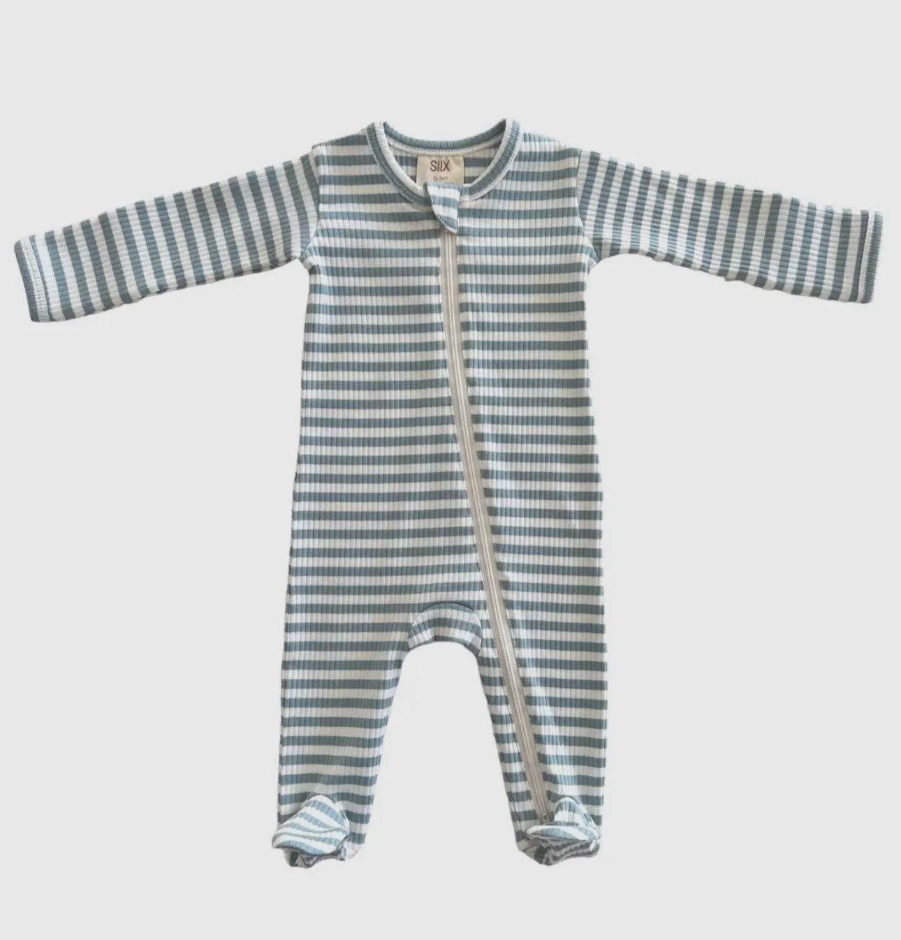 Dusty blue stripe, organic ribbed footie