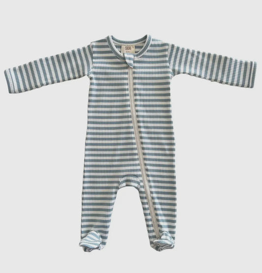 Dusty blue stripe, organic ribbed footie