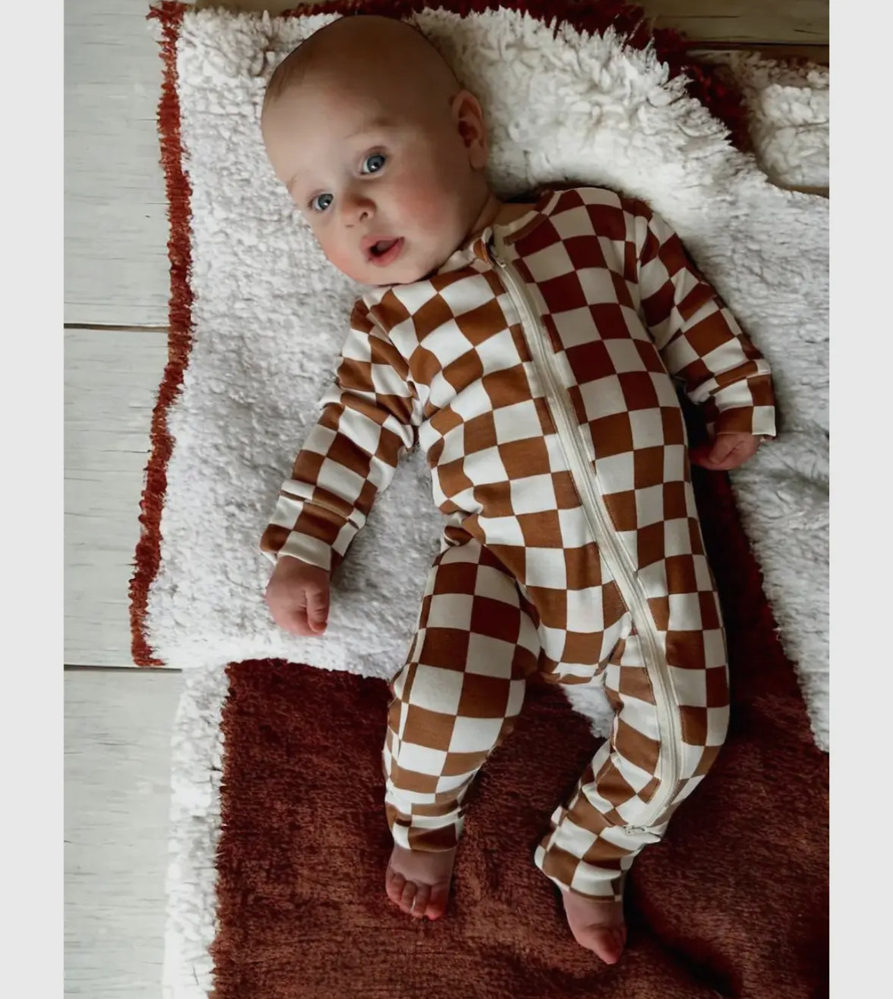 Checkerboard organic 2 way zipper romper