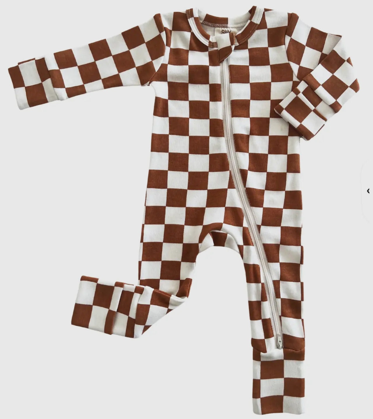 Checkerboard organic 2 way zipper romper