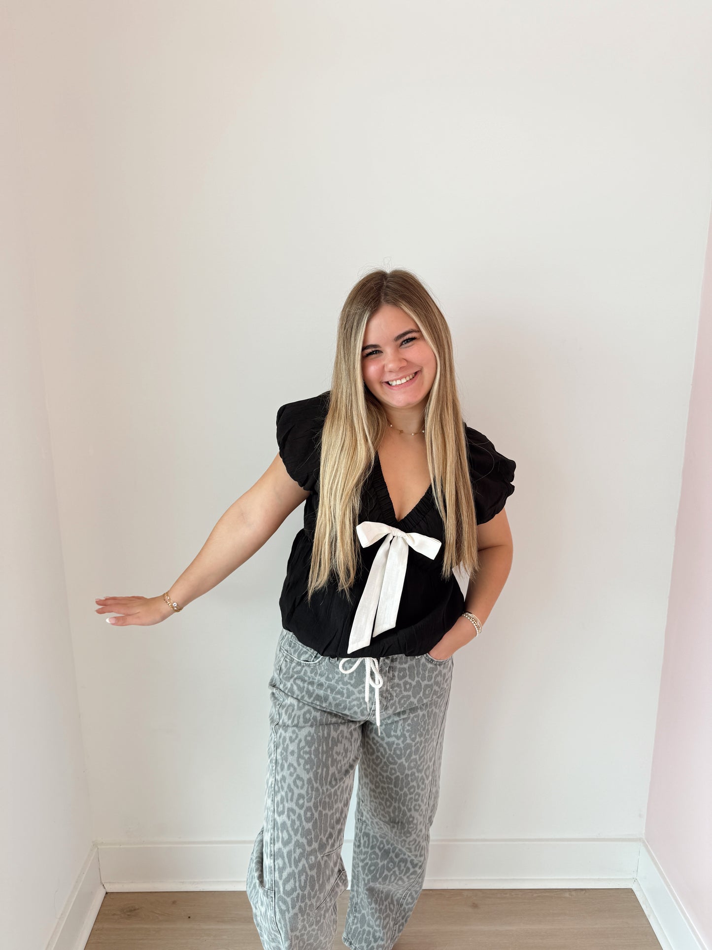 High rise drawstring grey leopard barrel jeans