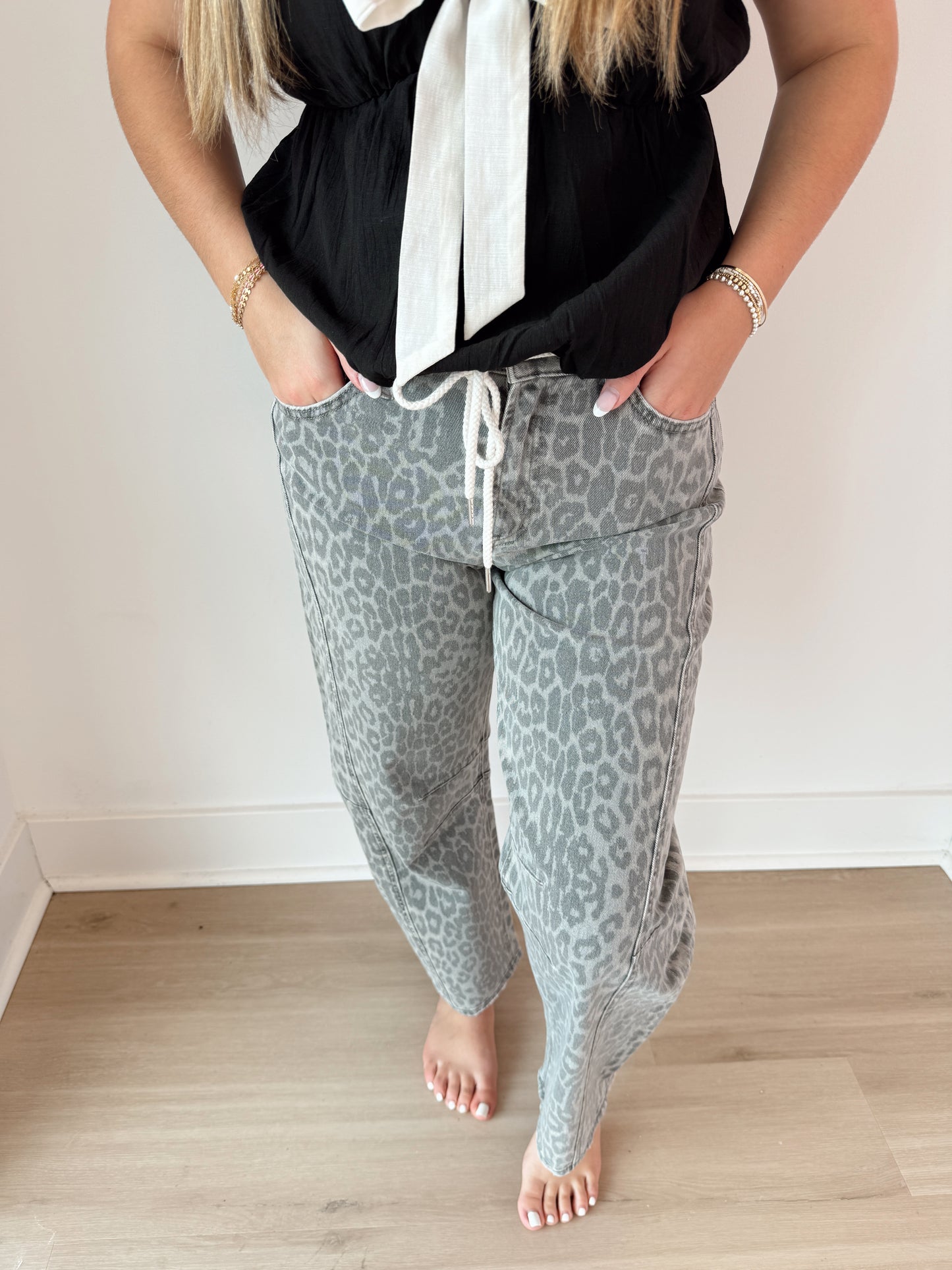 High rise drawstring grey leopard barrel jeans