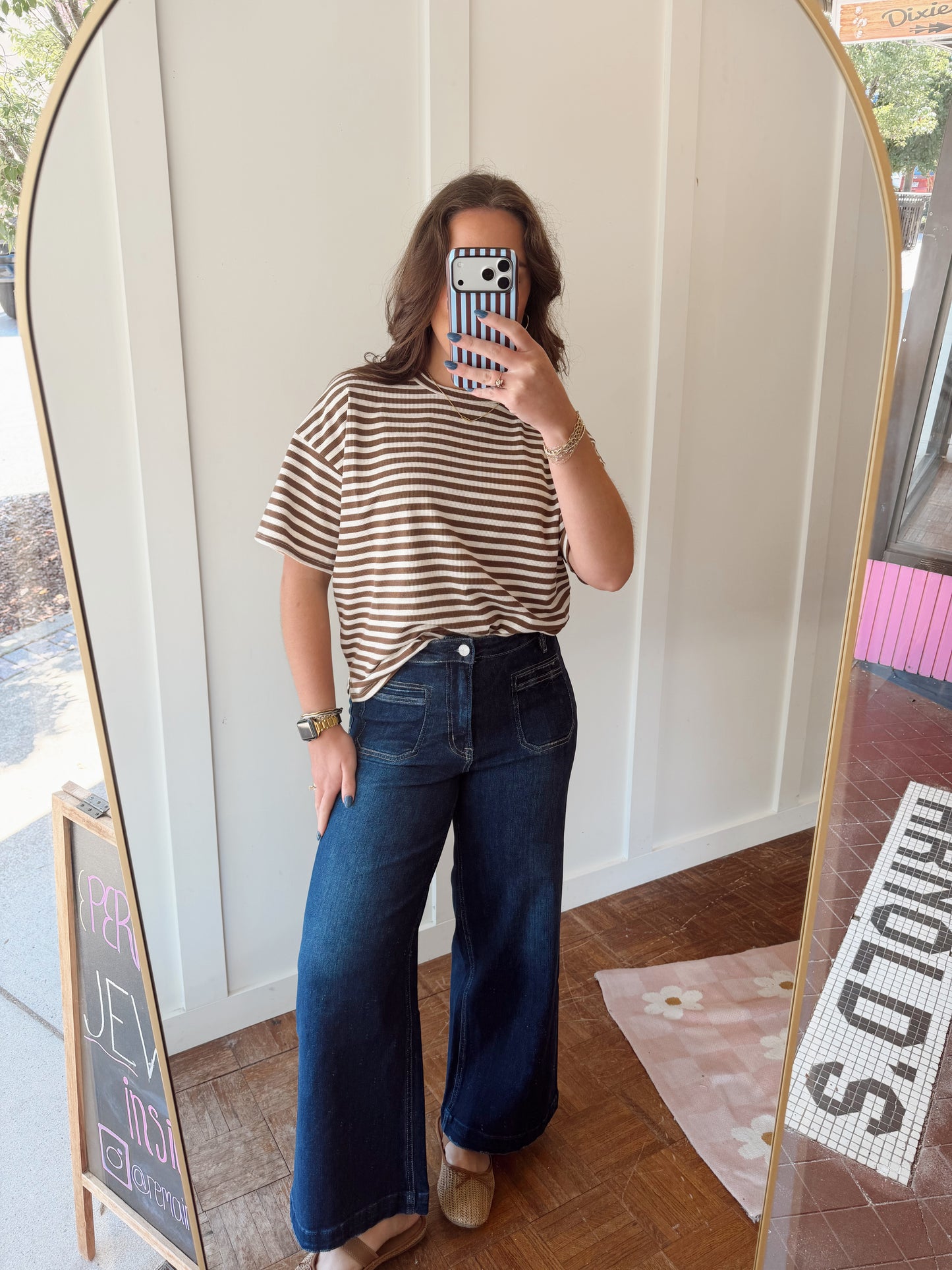 High rise ankle wide leg dark wash