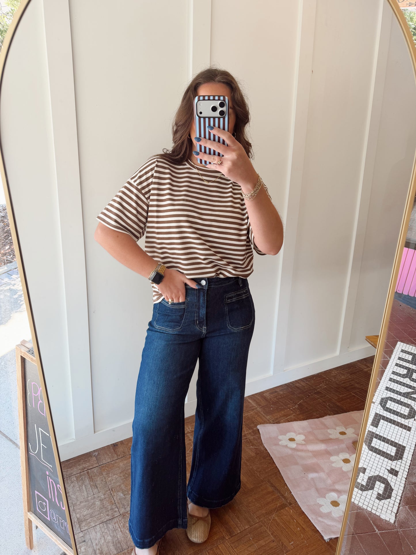 High rise ankle wide leg dark wash