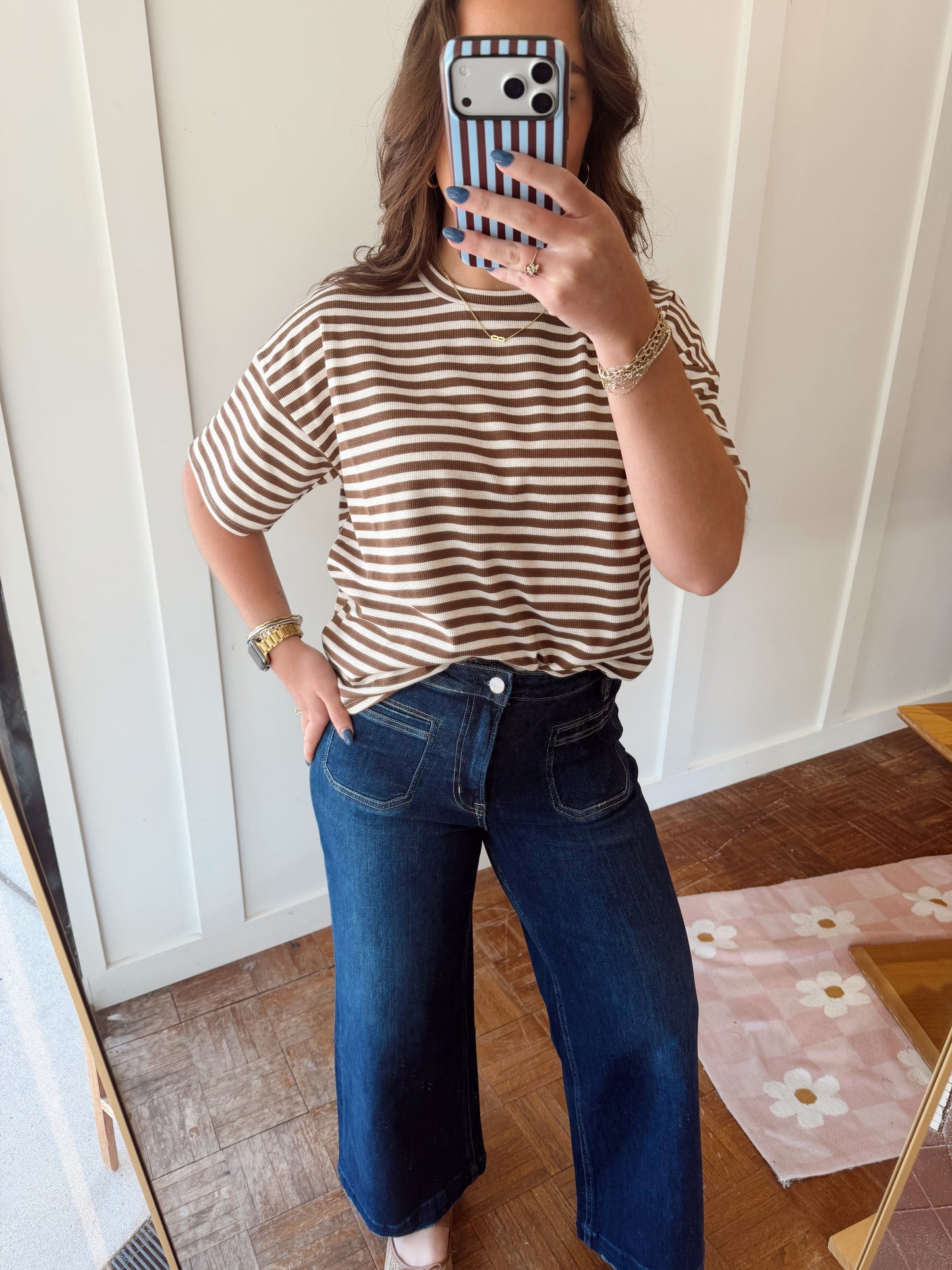 High rise ankle wide leg dark wash
