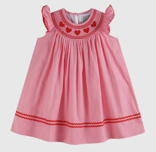 Pink heart valentines smocked bishop dress