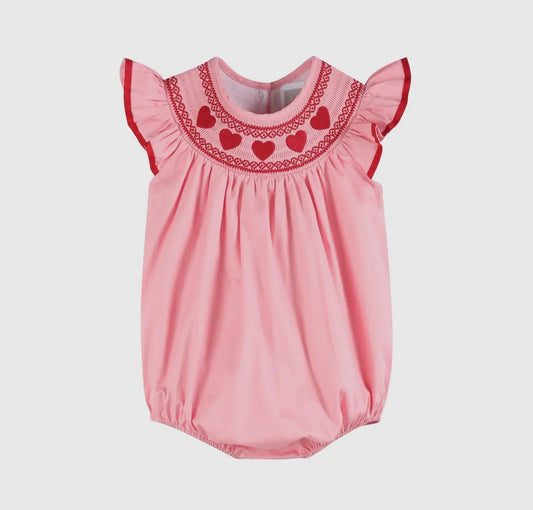 Pink hearts valentines smocked bishop romper