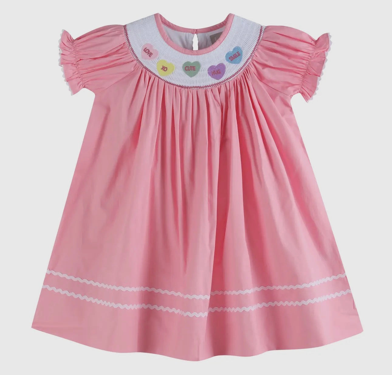 Pink candy heart valentines smocked bishop dress