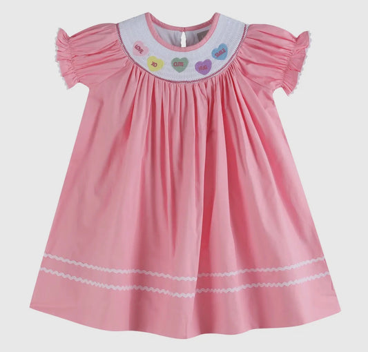 Pink candy heart valentines smocked bishop dress