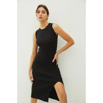 Leg slit bodycon ribbed knit midi dress