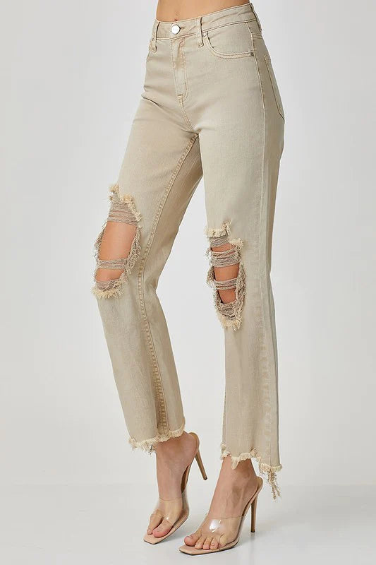 High rise knee distressed straight sand