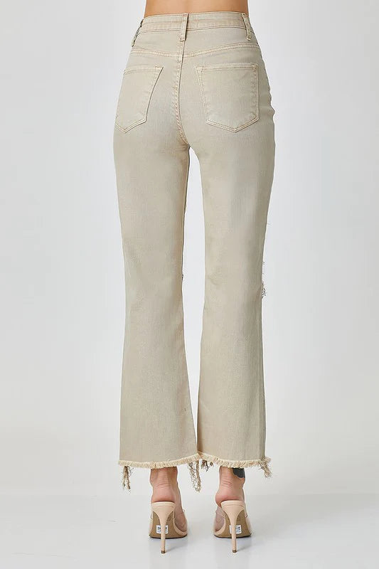 High rise knee distressed straight sand