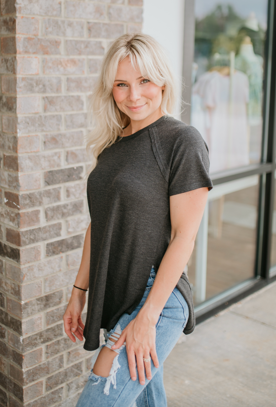 waffle knit tee BLACK