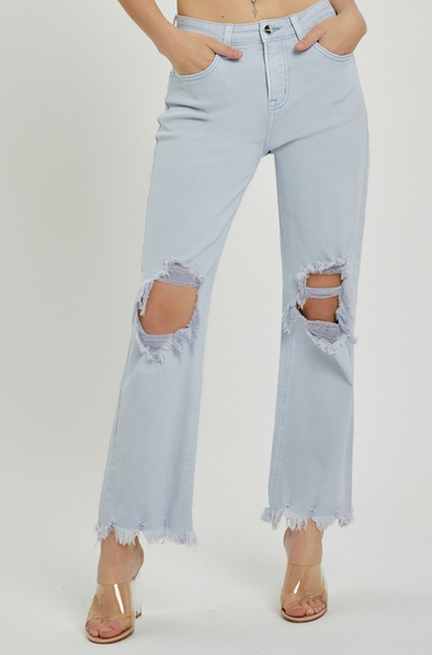 High rise knee distressed straight blue
