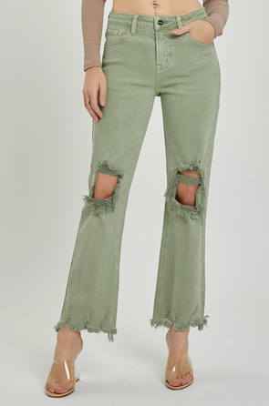 High rise knee distressed straight olive