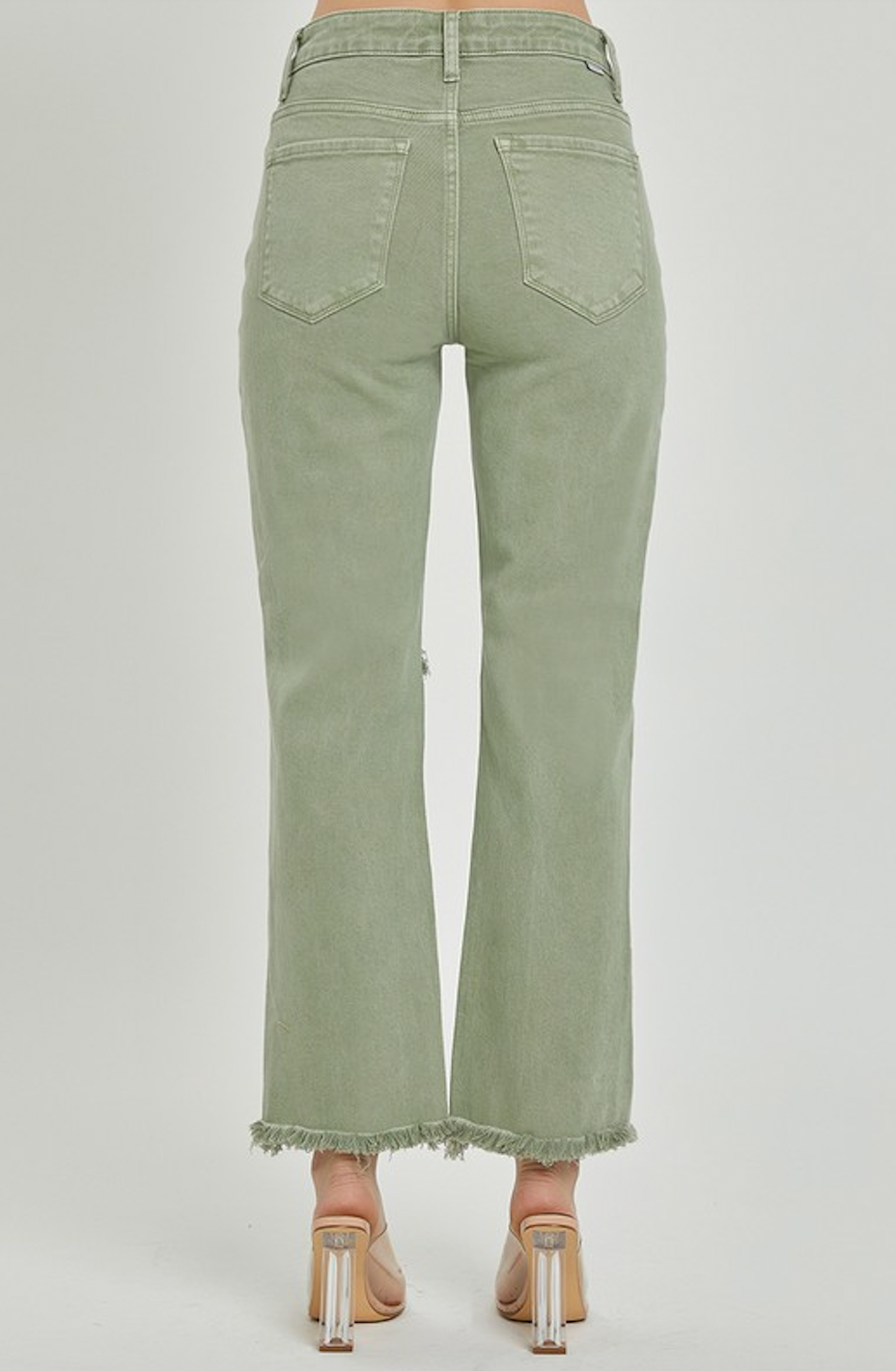 High rise knee distressed straight olive