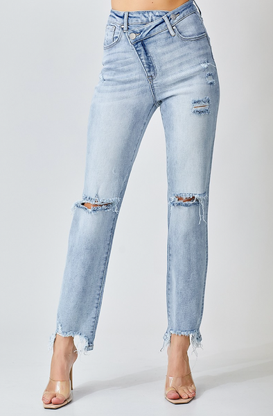 High Rise Crossover Distressed Girlfriend Jeans