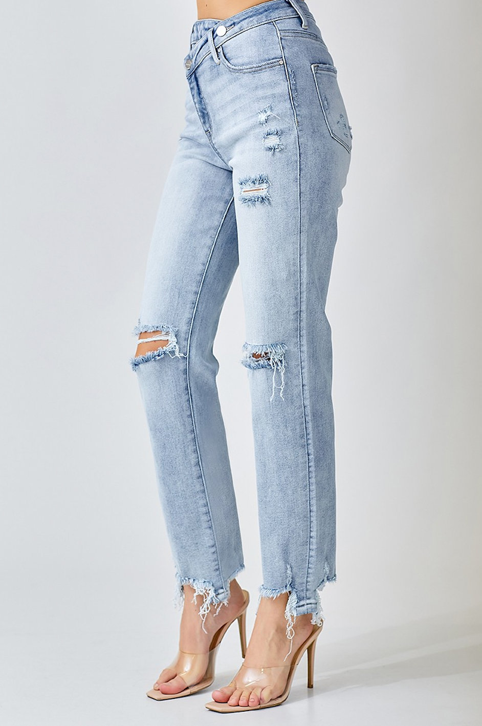 High Rise Crossover Distressed Girlfriend Jeans