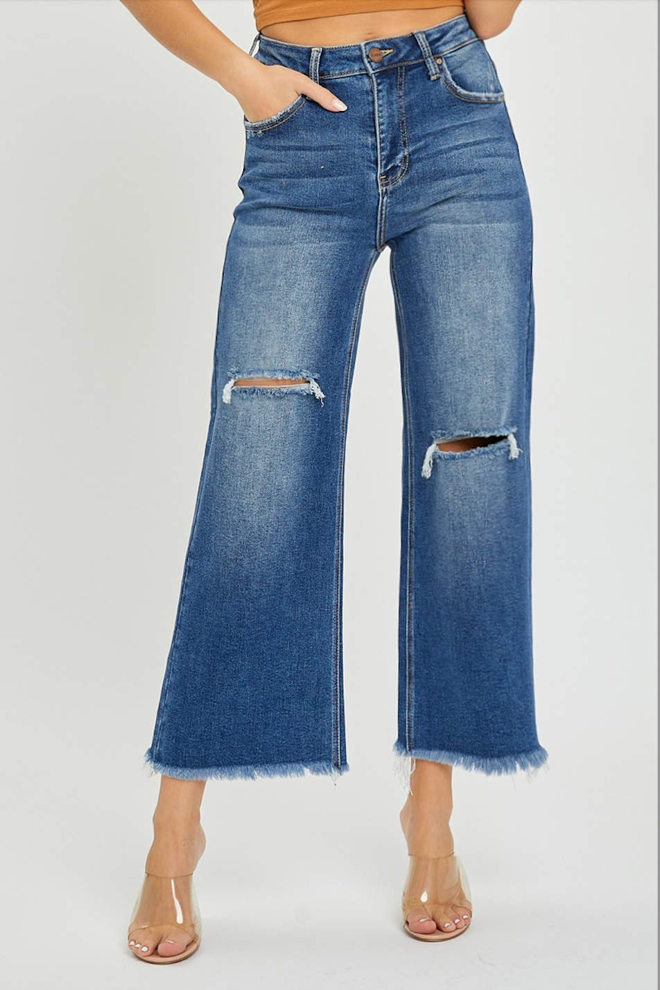 High Rise Frayed Ankle Wide Jeans